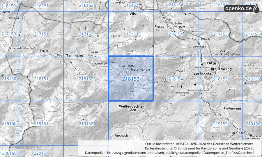 Übersichtskarte des KOSTRA-DWD-2020-Rasterfeldes Nr. 218153