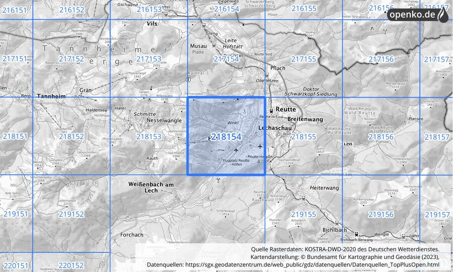 Übersichtskarte des KOSTRA-DWD-2020-Rasterfeldes Nr. 218154