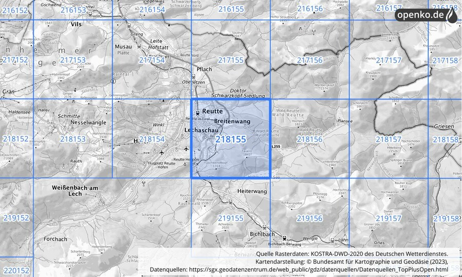 Übersichtskarte des KOSTRA-DWD-2020-Rasterfeldes Nr. 218155