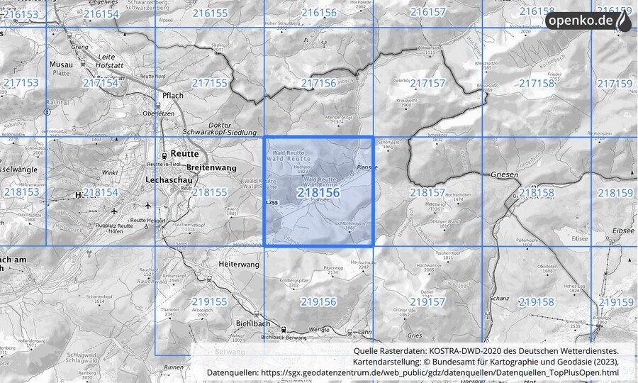 Übersichtskarte des KOSTRA-DWD-2020-Rasterfeldes Nr. 218156