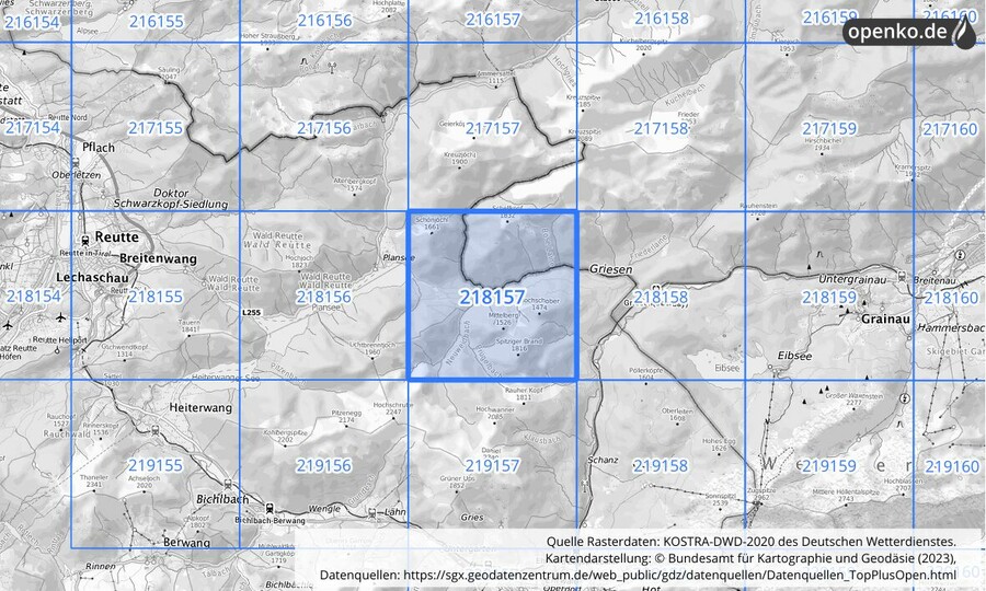 Übersichtskarte des KOSTRA-DWD-2020-Rasterfeldes Nr. 218157
