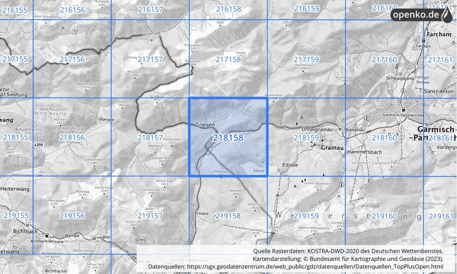 Übersichtskarte des KOSTRA-DWD-2020-Rasterfeldes Nr. 218158