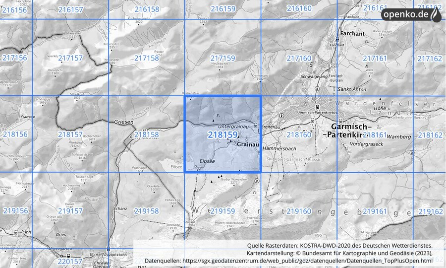 Übersichtskarte des KOSTRA-DWD-2020-Rasterfeldes Nr. 218159