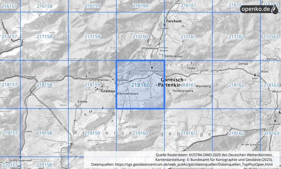 Übersichtskarte des KOSTRA-DWD-2020-Rasterfeldes Nr. 218160