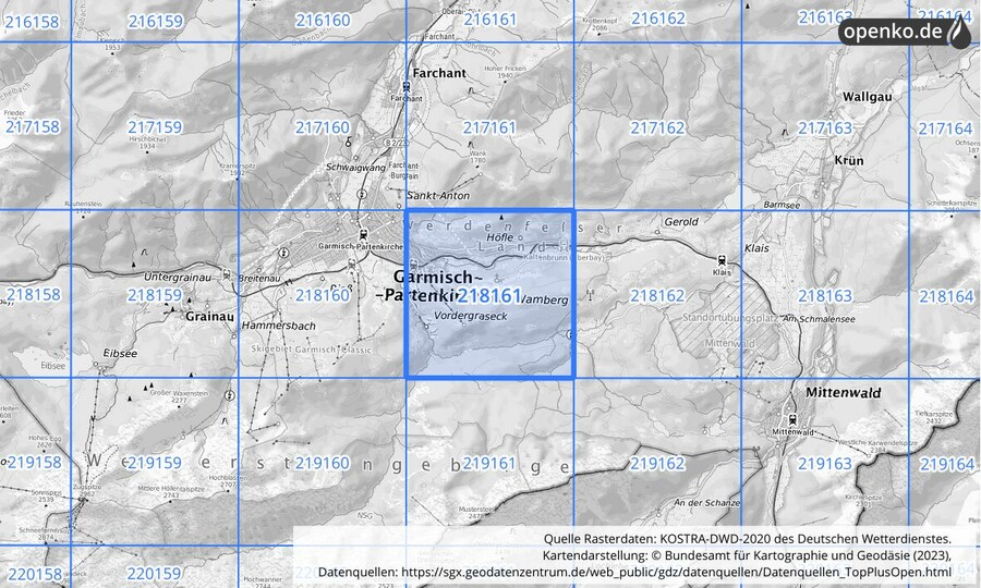 Übersichtskarte des KOSTRA-DWD-2020-Rasterfeldes Nr. 218161