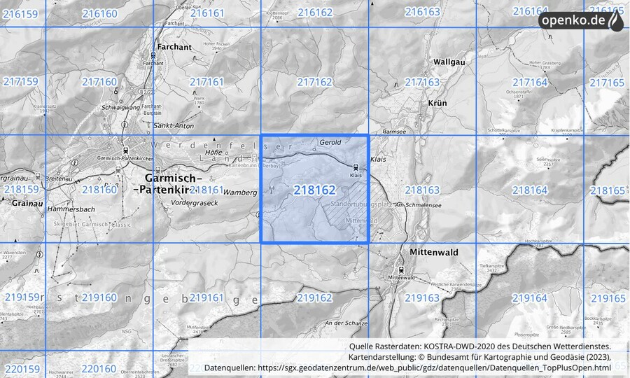 Übersichtskarte des KOSTRA-DWD-2020-Rasterfeldes Nr. 218162