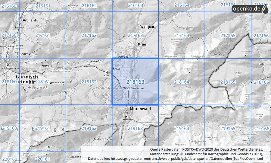 Übersichtskarte des KOSTRA-DWD-2020-Rasterfeldes Nr. 218163