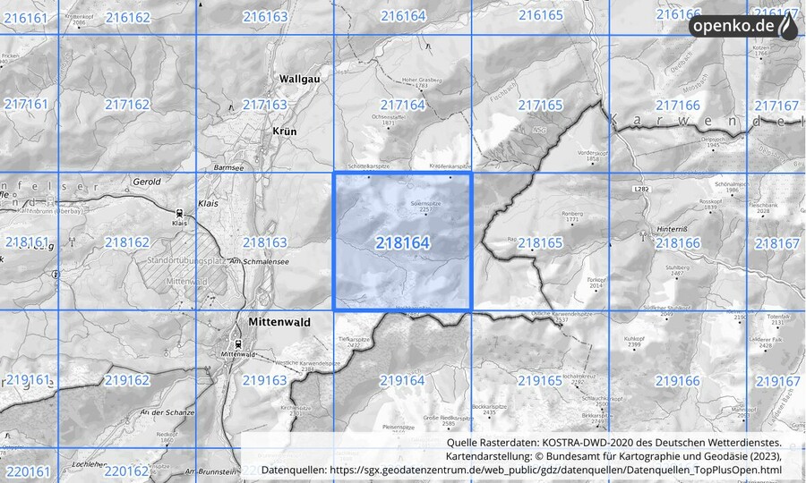 Übersichtskarte des KOSTRA-DWD-2020-Rasterfeldes Nr. 218164