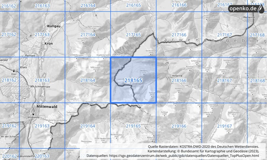 Übersichtskarte des KOSTRA-DWD-2020-Rasterfeldes Nr. 218165