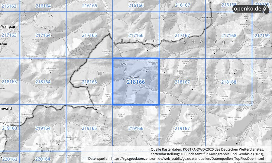 Übersichtskarte des KOSTRA-DWD-2020-Rasterfeldes Nr. 218166