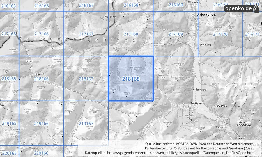 Übersichtskarte des KOSTRA-DWD-2020-Rasterfeldes Nr. 218168
