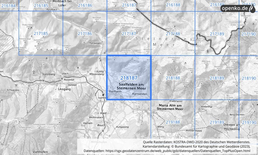 Übersichtskarte des KOSTRA-DWD-2020-Rasterfeldes Nr. 218187