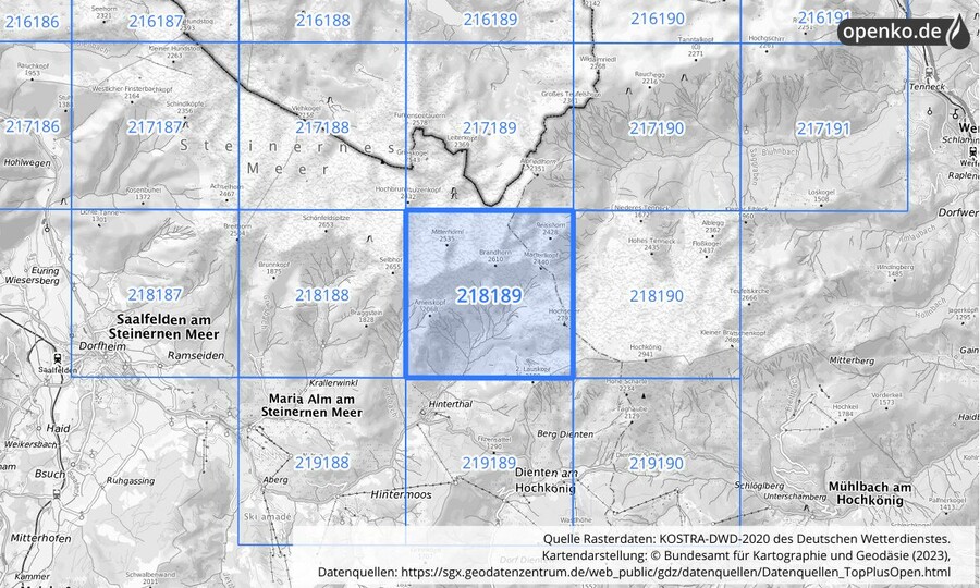 Übersichtskarte des KOSTRA-DWD-2020-Rasterfeldes Nr. 218189