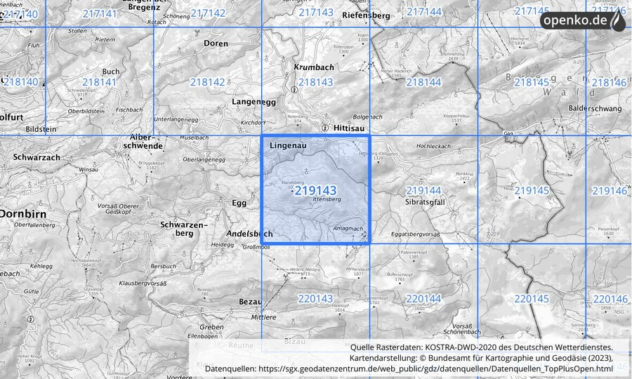 Übersichtskarte des KOSTRA-DWD-2020-Rasterfeldes Nr. 219143