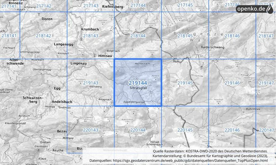 Übersichtskarte des KOSTRA-DWD-2020-Rasterfeldes Nr. 219144