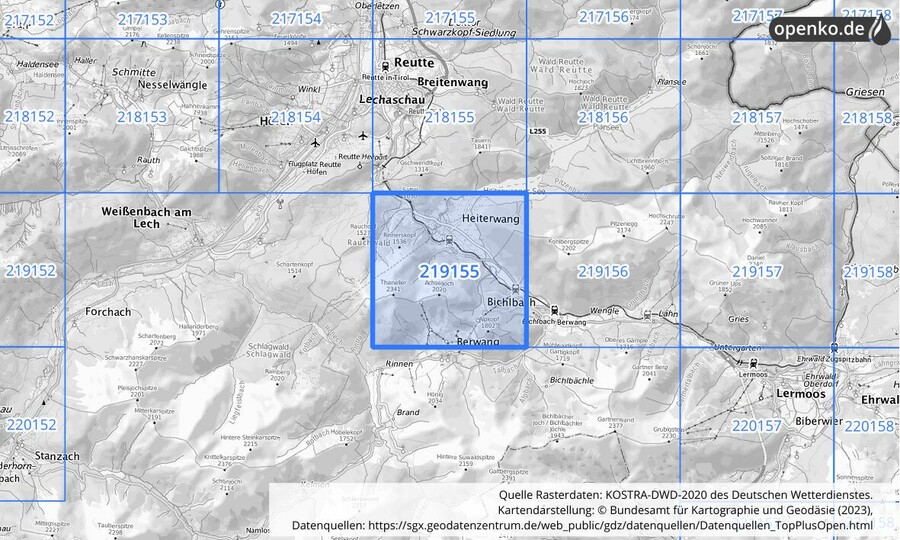 Übersichtskarte des KOSTRA-DWD-2020-Rasterfeldes Nr. 219155