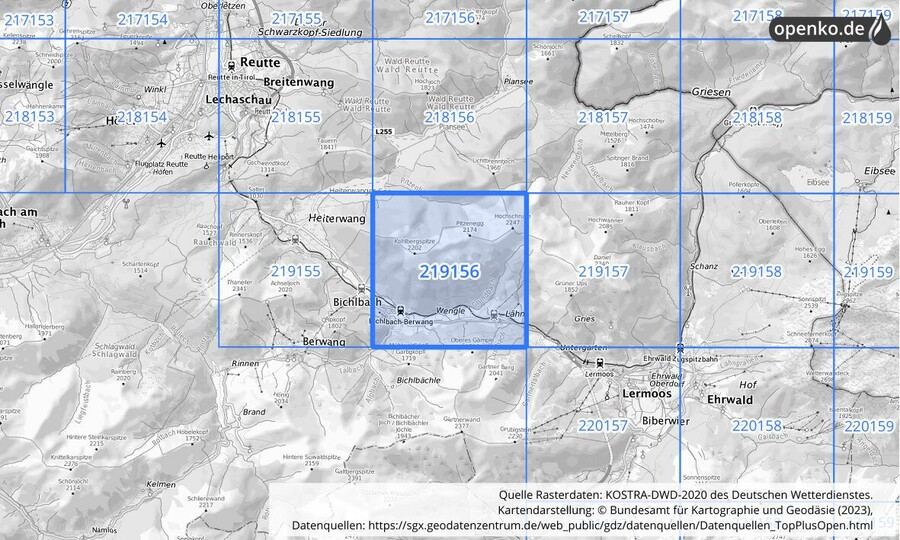 Übersichtskarte des KOSTRA-DWD-2020-Rasterfeldes Nr. 219156