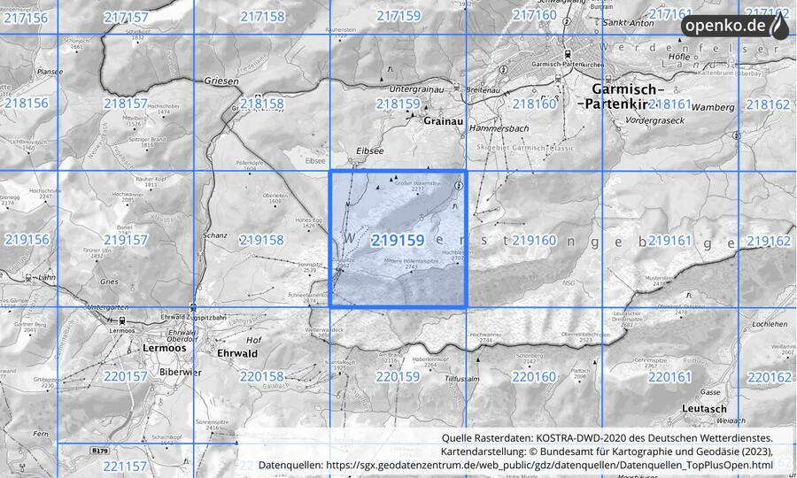 Übersichtskarte des KOSTRA-DWD-2020-Rasterfeldes Nr. 219159