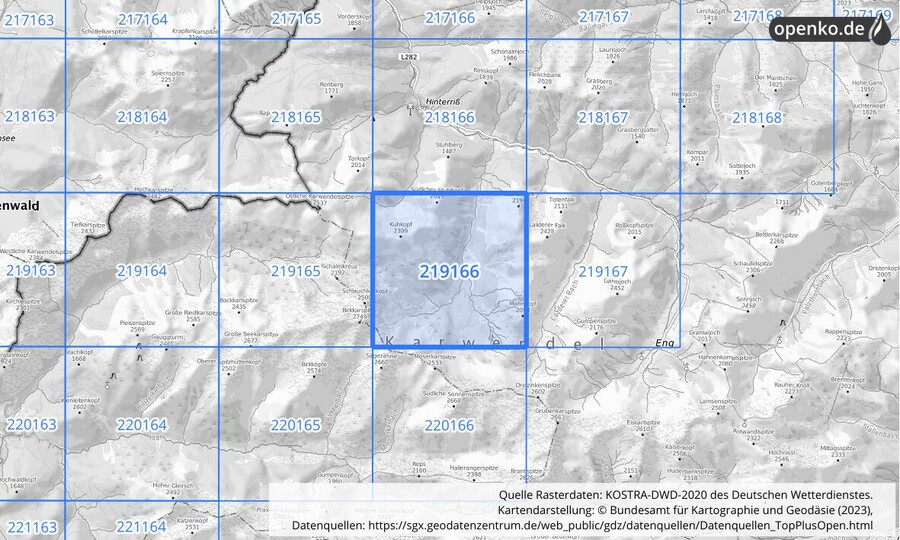 Übersichtskarte des KOSTRA-DWD-2020-Rasterfeldes Nr. 219166