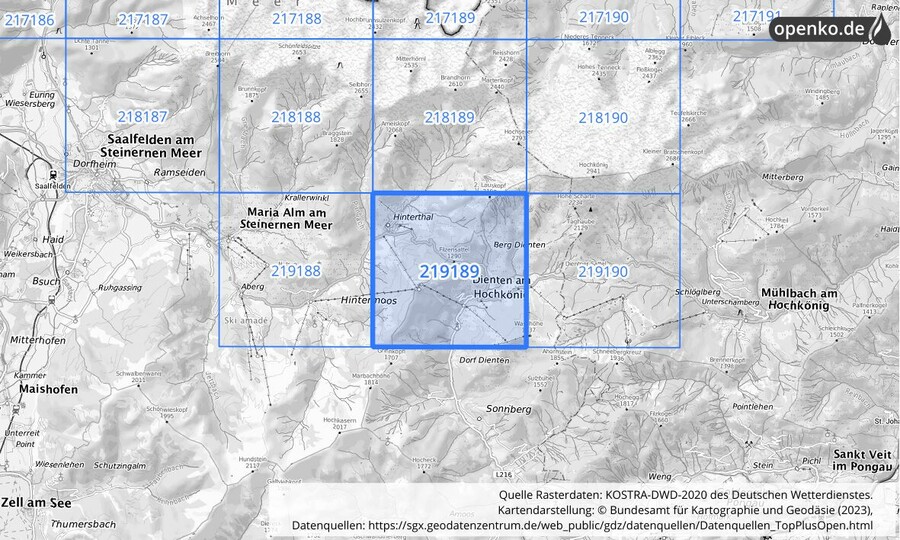 Übersichtskarte des KOSTRA-DWD-2020-Rasterfeldes Nr. 219189