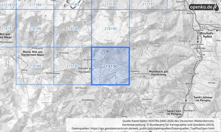 Übersichtskarte des KOSTRA-DWD-2020-Rasterfeldes Nr. 219190