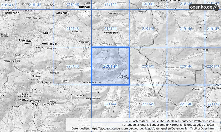 Übersichtskarte des KOSTRA-DWD-2020-Rasterfeldes Nr. 220144