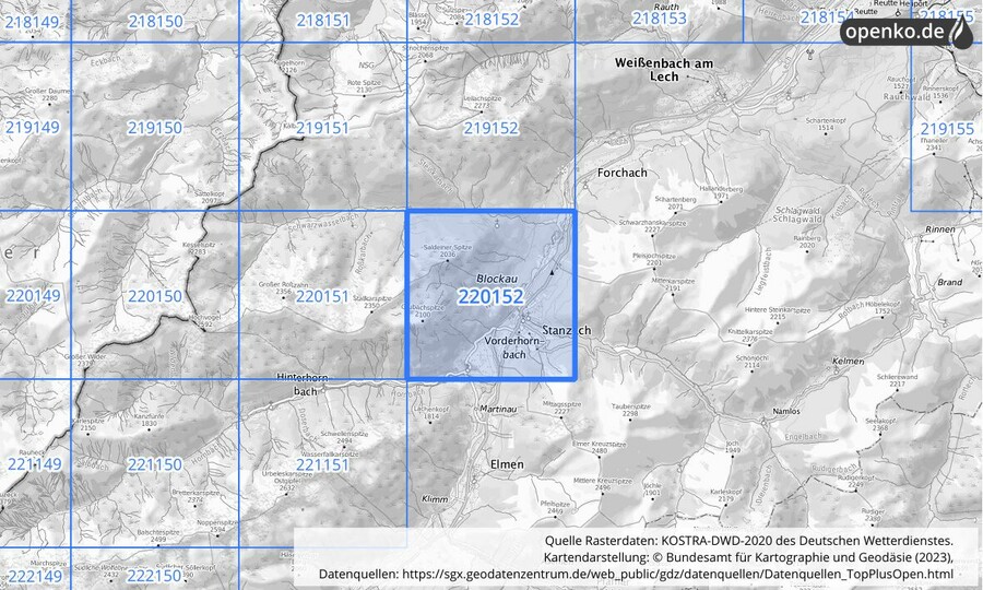 Übersichtskarte des KOSTRA-DWD-2020-Rasterfeldes Nr. 220152