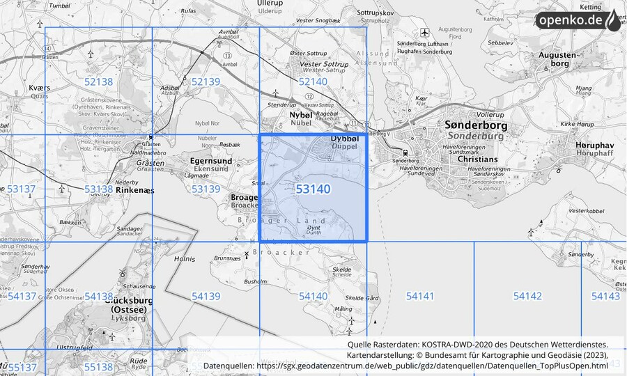 Übersichtskarte des KOSTRA-DWD-2020-Rasterfeldes Nr. 53140