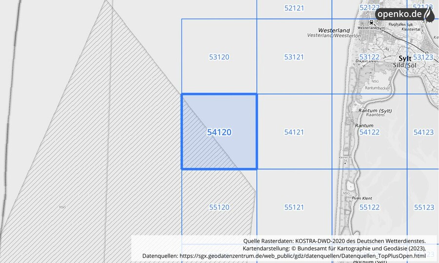 Übersichtskarte des KOSTRA-DWD-2020-Rasterfeldes Nr. 54120