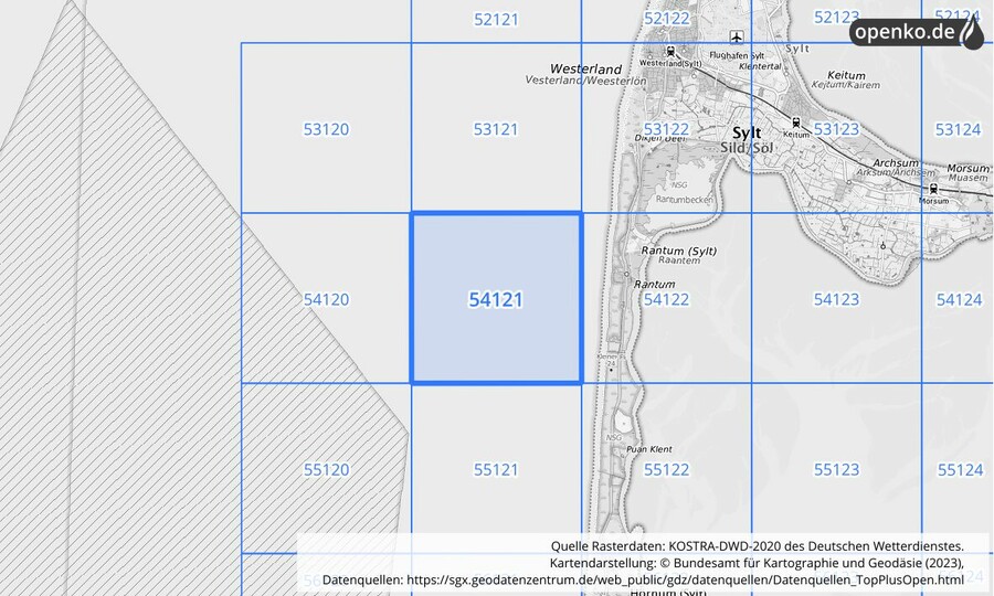 Übersichtskarte des KOSTRA-DWD-2020-Rasterfeldes Nr. 54121
