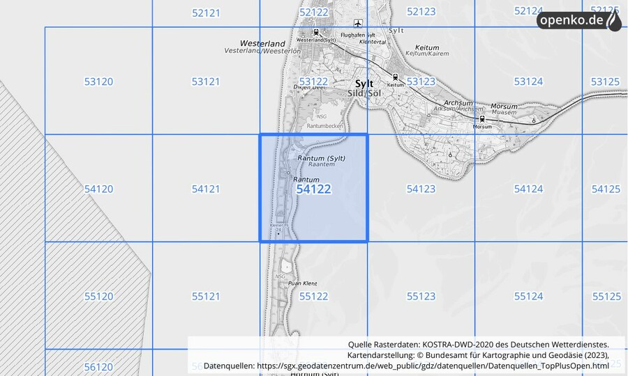 Übersichtskarte des KOSTRA-DWD-2020-Rasterfeldes Nr. 54122