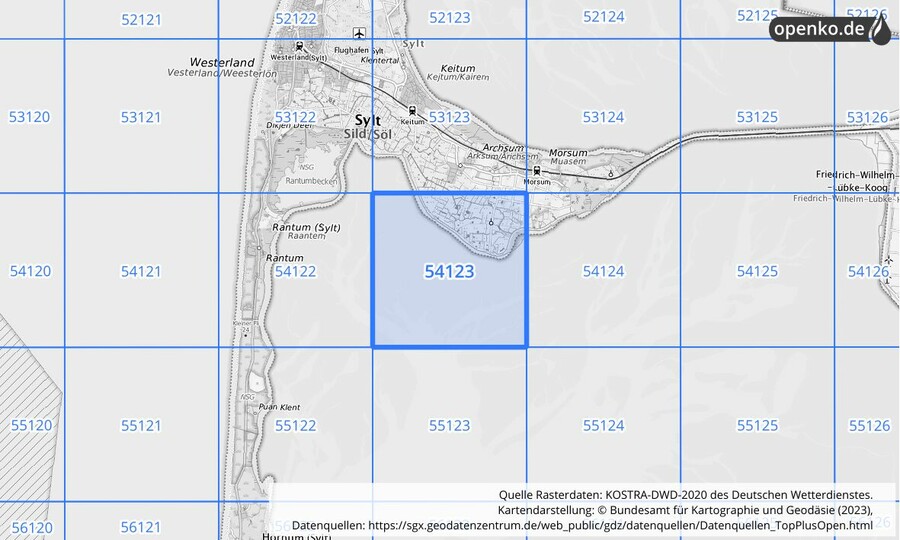 Übersichtskarte des KOSTRA-DWD-2020-Rasterfeldes Nr. 54123