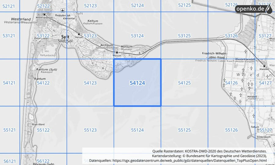 Übersichtskarte des KOSTRA-DWD-2020-Rasterfeldes Nr. 54124
