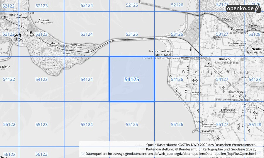 Übersichtskarte des KOSTRA-DWD-2020-Rasterfeldes Nr. 54125