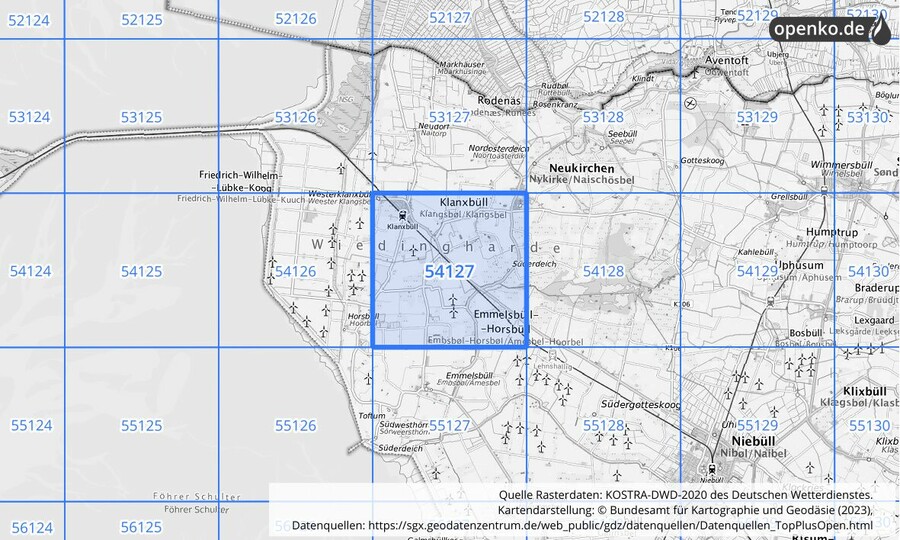 Übersichtskarte des KOSTRA-DWD-2020-Rasterfeldes Nr. 54127