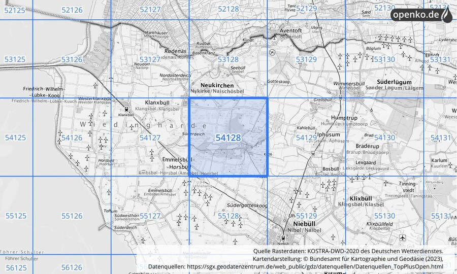 Übersichtskarte des KOSTRA-DWD-2020-Rasterfeldes Nr. 54128