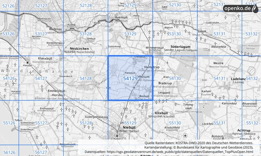 Übersichtskarte des KOSTRA-DWD-2020-Rasterfeldes Nr. 54129
