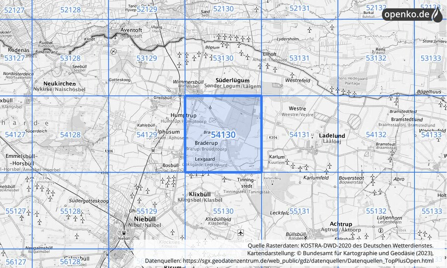Übersichtskarte des KOSTRA-DWD-2020-Rasterfeldes Nr. 54130