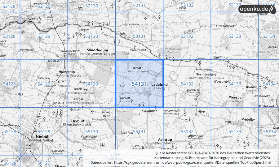 Übersichtskarte des KOSTRA-DWD-2020-Rasterfeldes Nr. 54131