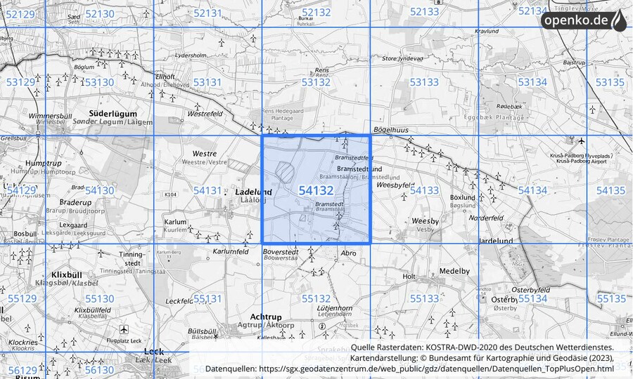 Übersichtskarte des KOSTRA-DWD-2020-Rasterfeldes Nr. 54132
