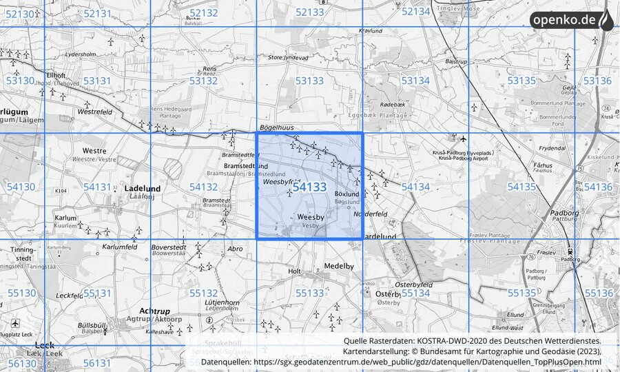 Übersichtskarte des KOSTRA-DWD-2020-Rasterfeldes Nr. 54133