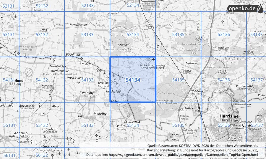 Übersichtskarte des KOSTRA-DWD-2020-Rasterfeldes Nr. 54134