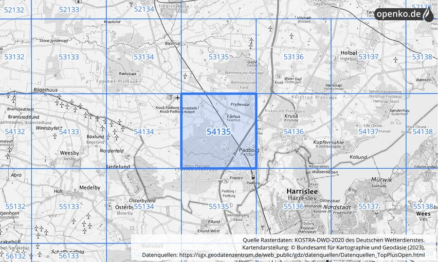 Übersichtskarte des KOSTRA-DWD-2020-Rasterfeldes Nr. 54135