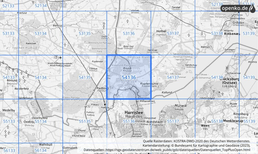 Übersichtskarte des KOSTRA-DWD-2020-Rasterfeldes Nr. 54136