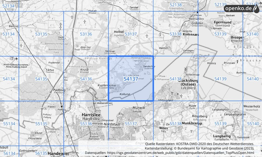 Übersichtskarte des KOSTRA-DWD-2020-Rasterfeldes Nr. 54137