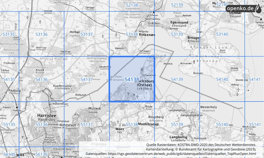 Übersichtskarte des KOSTRA-DWD-2020-Rasterfeldes Nr. 54138