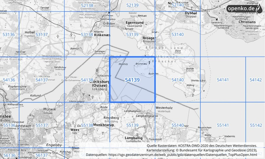 Übersichtskarte des KOSTRA-DWD-2020-Rasterfeldes Nr. 54139