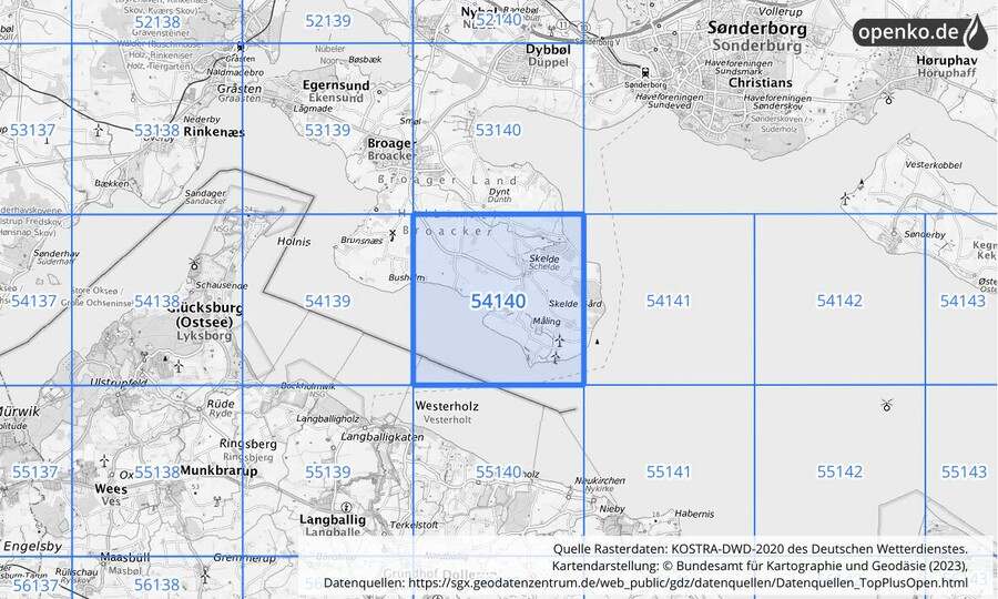Übersichtskarte des KOSTRA-DWD-2020-Rasterfeldes Nr. 54140