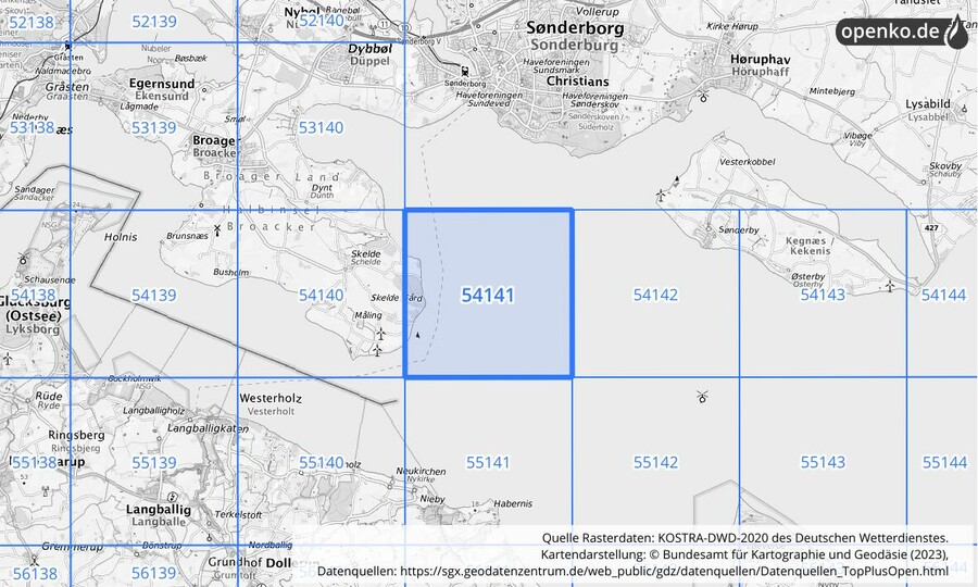 Übersichtskarte des KOSTRA-DWD-2020-Rasterfeldes Nr. 54141