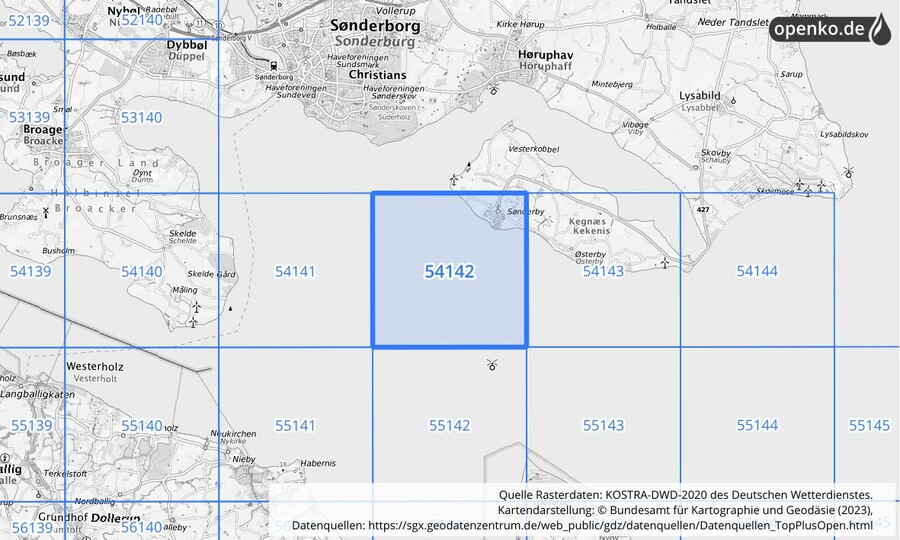 Übersichtskarte des KOSTRA-DWD-2020-Rasterfeldes Nr. 54142